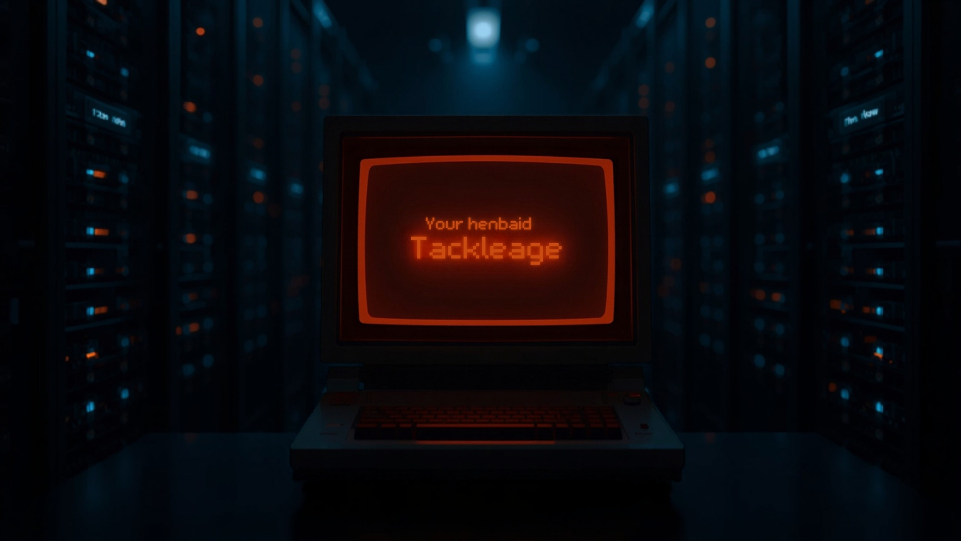 An old Unix workstation glowing with amber terminal text in front of rows of modern server racks lit in blue