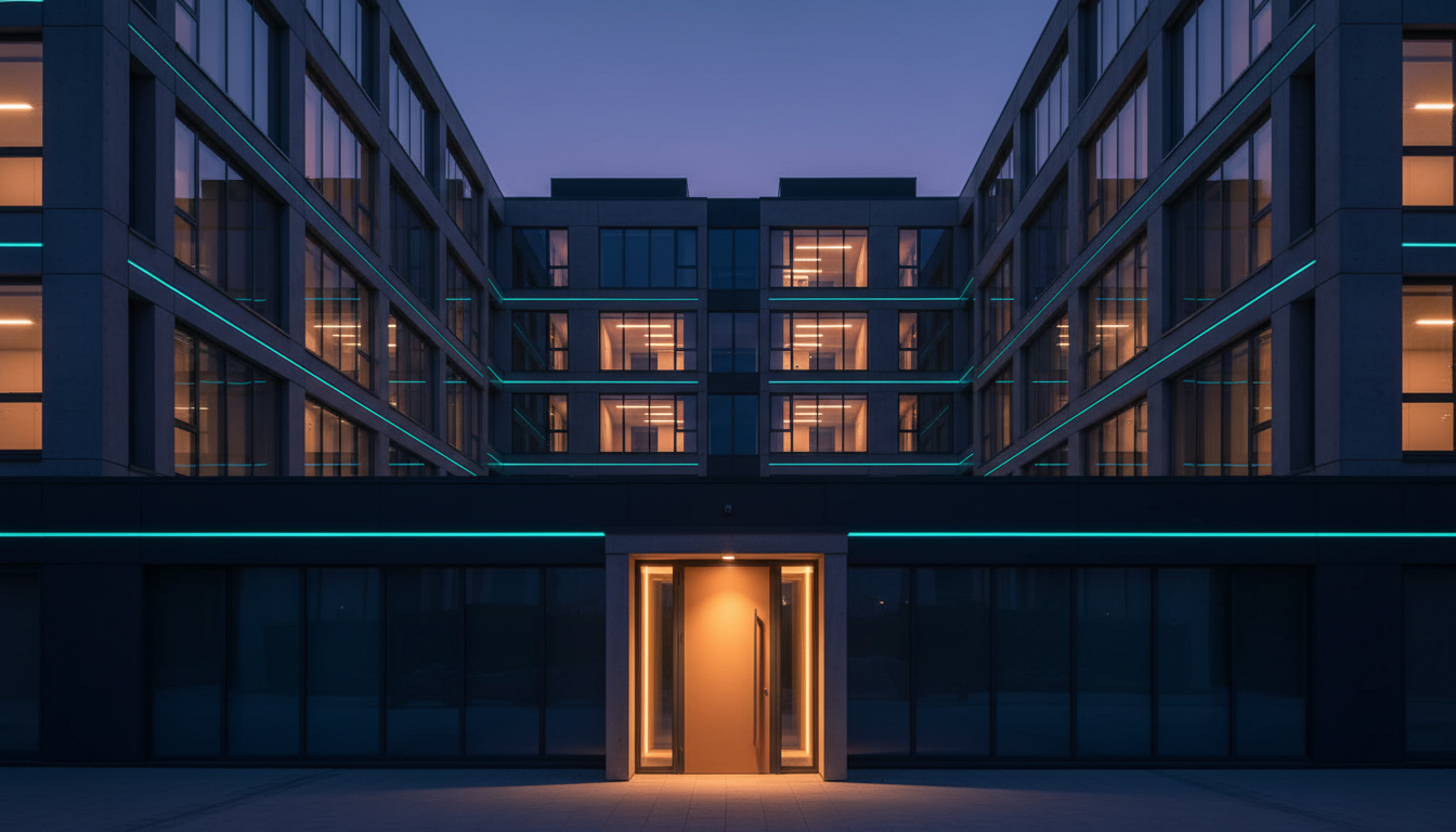 A modern building at dusk with one lit front door in the foreground and many softly lit floors rising behind it